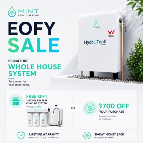 MINT Home Filtration EOFY sale promotion showing whole house water system with free reverse osmosis gift, $700 off discount, lifetime warranty and 30-day money back guarantee
