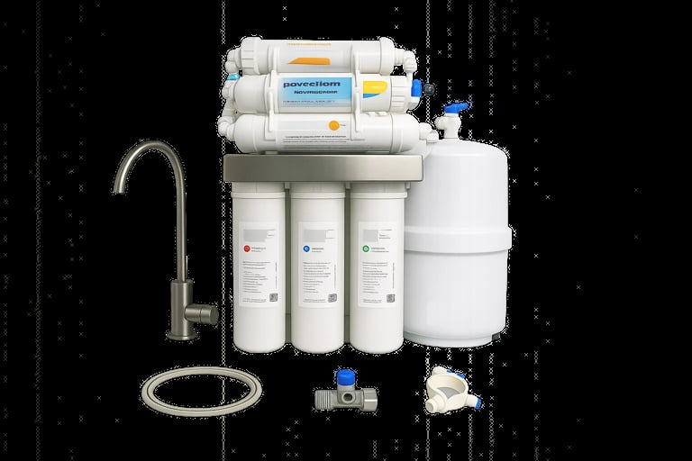 Reverse osmosis water filtration system with white cylindrical filters, faucet, storage tank, and connection tubes on dark background