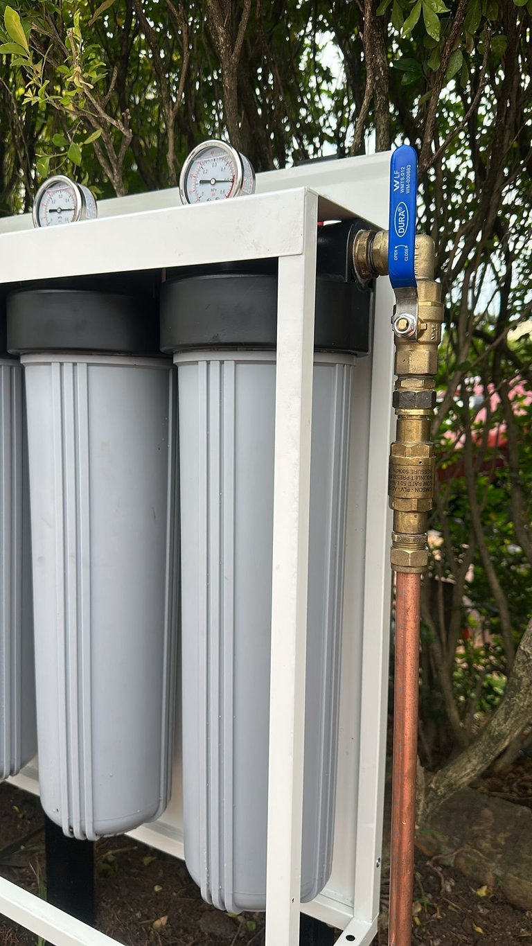 Outdoor water filtration system with two white cylindrical filters, brass valve with blue handle, and pressure gauges mounted on top