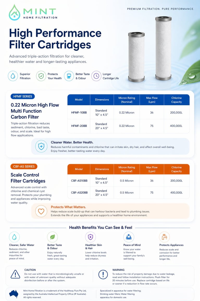 Mint water filter cartridges product brochure showing HFMF and CBF-AS series filters with specifications and health benefits