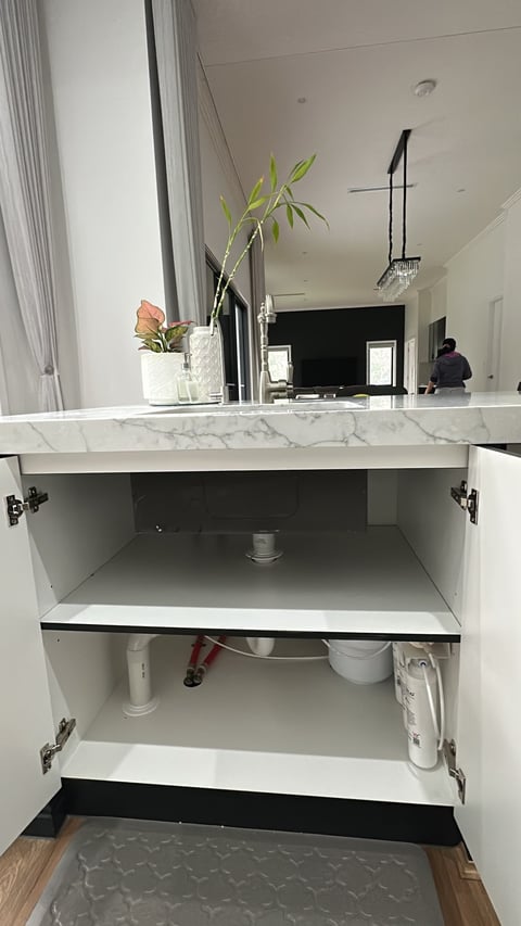Open white bathroom vanity cabinet showing empty shelves, with marble countertop, potted flowers, and mirror visible above