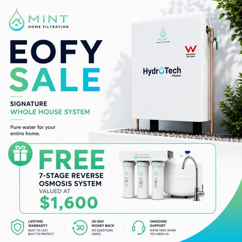 MINT home filtration EOFY sale advertisement featuring HydroTech whole house system with free 7-stage reverse osmosis system valued at $1600