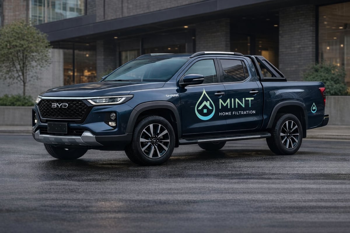 Dark blue BYD pickup truck with MINT Water purification branding parked in front of a modern building