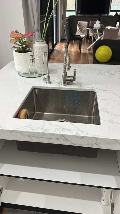 Modern kitchen sink with stainless steel basin and chrome faucet on white marble countertop, decorated with potted flowers and accessories.