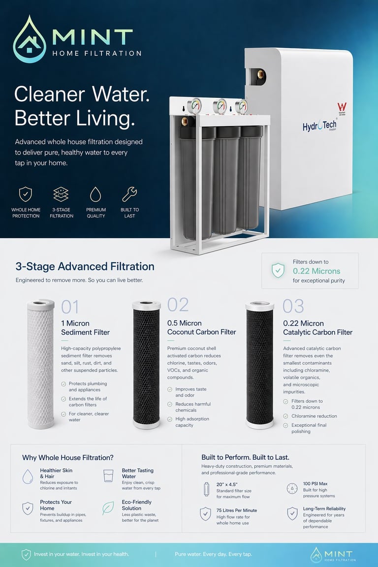 MINT Home Filtration system with 3-stage advanced water filtration showing product unit and filter components