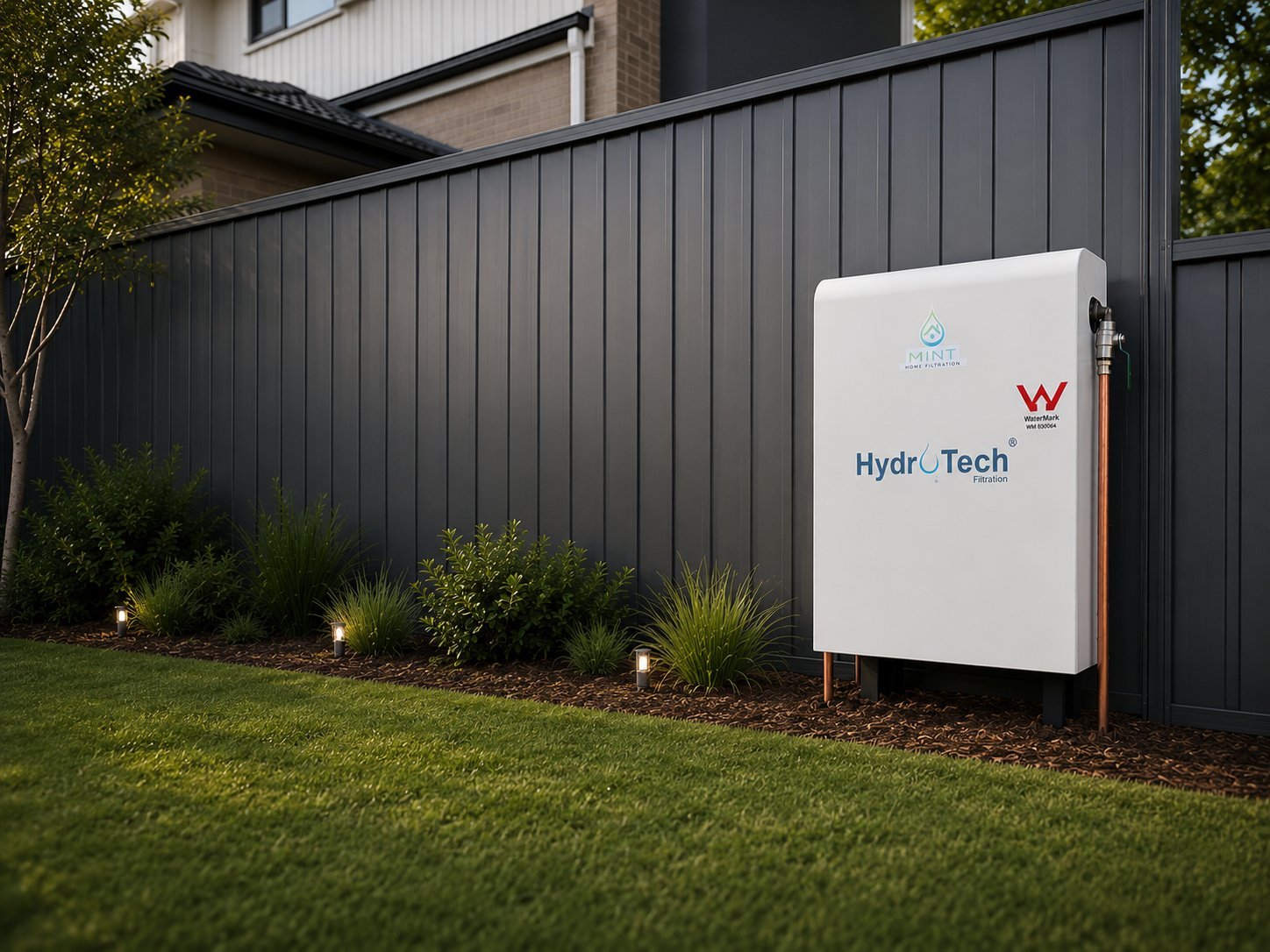 White Hydr. Tech battery storage system installed against a black metal fence in a residential backyard with landscaping