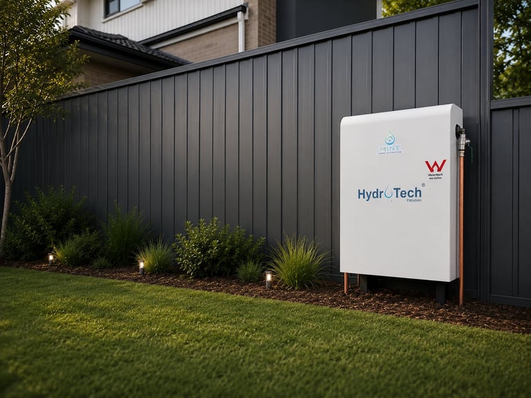 White Hydr. Tech battery storage system installed against a black metal fence in a residential backyard with landscaping