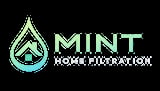 Mint Home Filtration logo with water droplet icon and text on black background